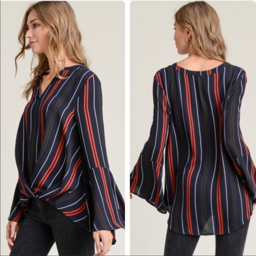 JODIFL BELL SLEEVE STRIPED TOP HIGH LOW HEM BLUE RED WHITE SIZE LARGE NEW - Picture 4 of 15